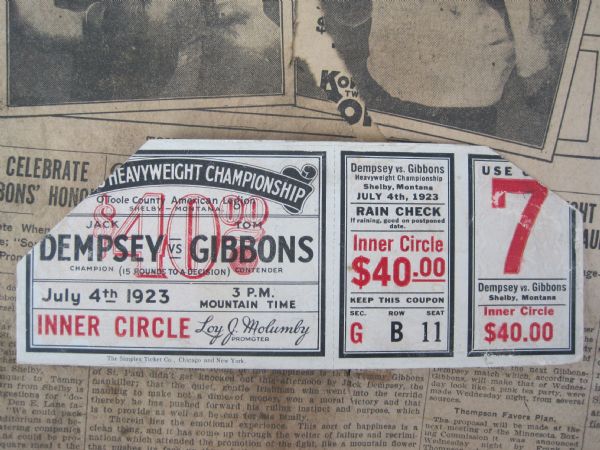 Jack Dempsey VS Tom Gibbons Original 1923 Fight Ticket & Newspaper