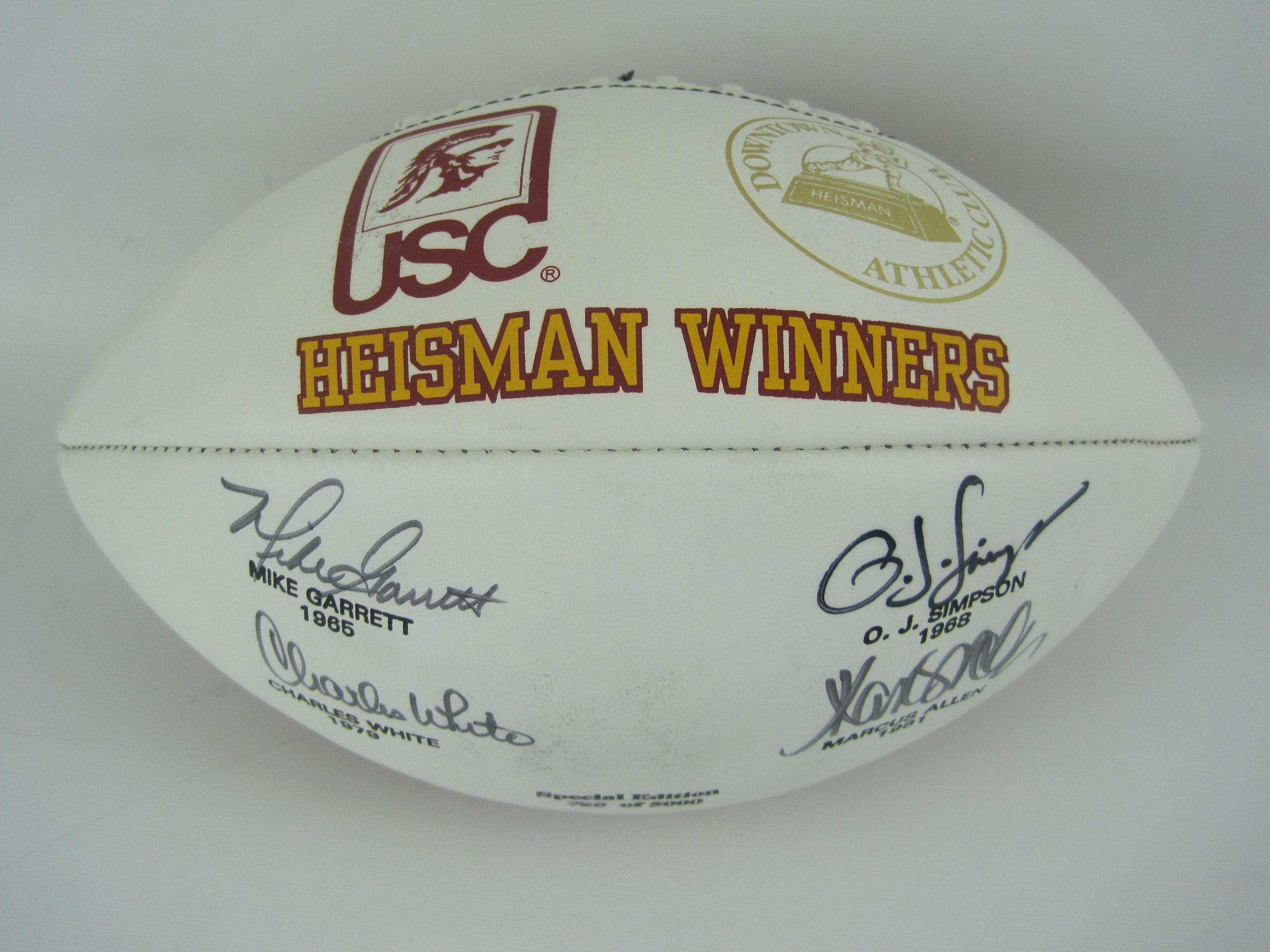 Lot Detail - USC Trojans Heisman Trophy Winners Autographed Football w/Display Case
