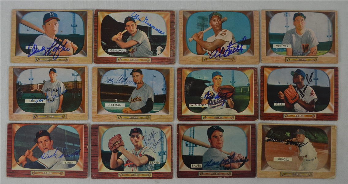 Vintage Collection of 12 Autographed 1955 Bowman Baseball Cards 
