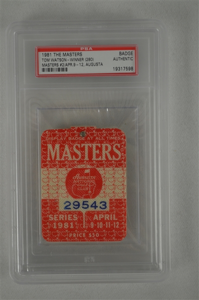 Tom Watson 1981 Masters Badge w/ PSA Authentication