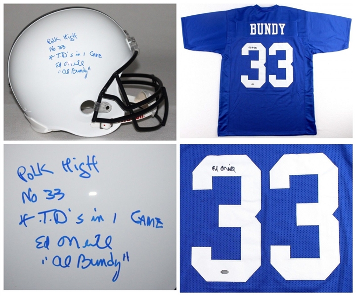 Ed ONeill Autographed Al Bundy Polk High Jersey & Full Size Helmet