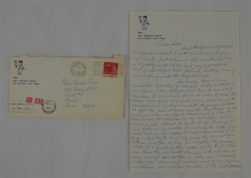 Moe Howard "Three Stooges" 1966 Two Page Handwritten & Signed Letter w/Envelope