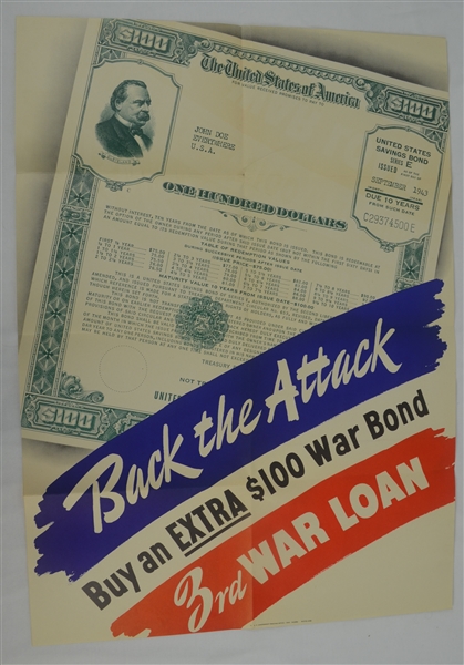 Vintage Original 1943 World War II 20x28 Savings Bond Poster 