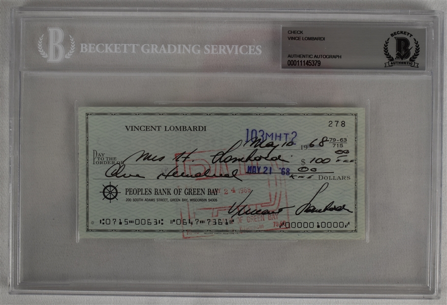 Vince Lombardi Signed 1968 Personal Check #278 BGS Authentic *Twice Signed Lombardi*