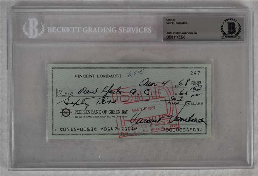 Vince Lombardi Signed 1968 Personal Check #247 BGS Authentic 