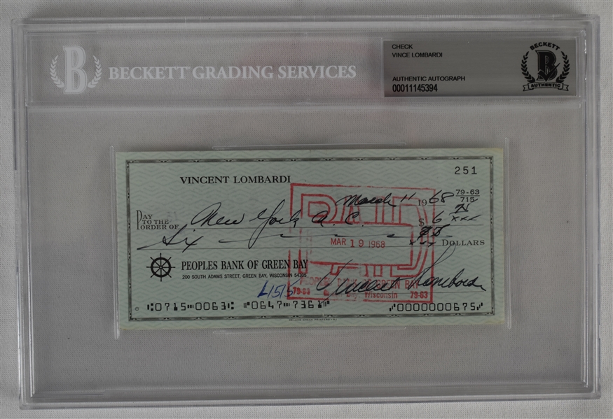 Vince Lombardi Signed 1968 Personal Check #251 BGS Authentic 