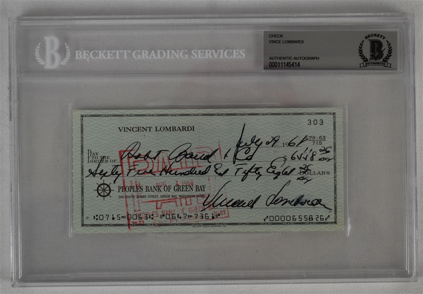 Vince Lombardi Signed 1968 Personal Check #303 BGS Authentic 