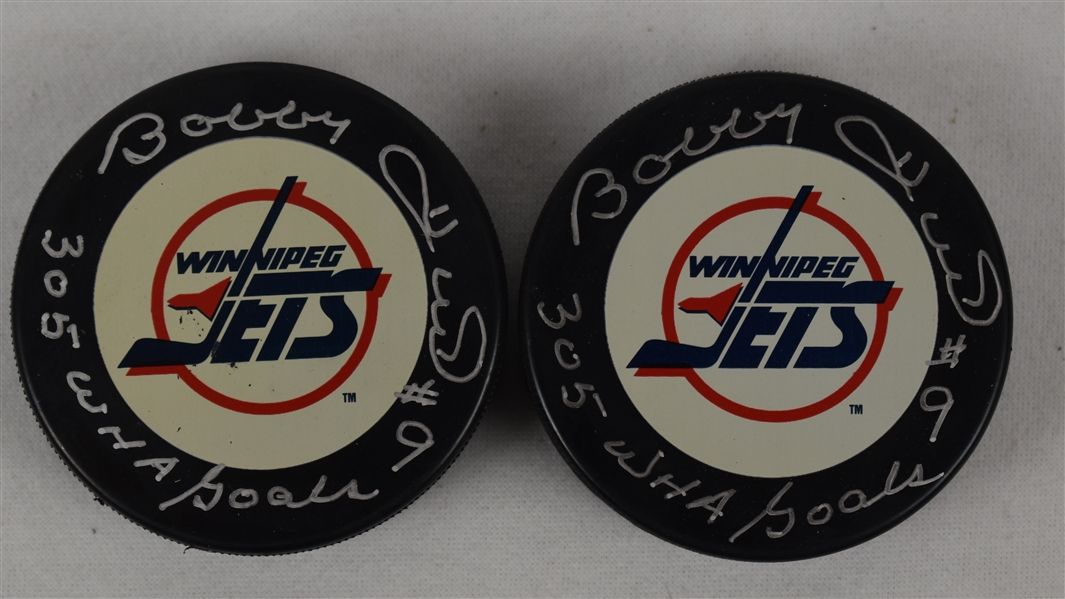 Bobby Hull Winnipeg Jets #9 305 WHA Goals Autographed Inscribed Hockey Pucks
