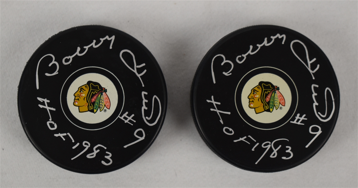 Bobby Hull Chicago Blackhawks #9 HOF 1983 Autographed Inscribed Hockey Pucks