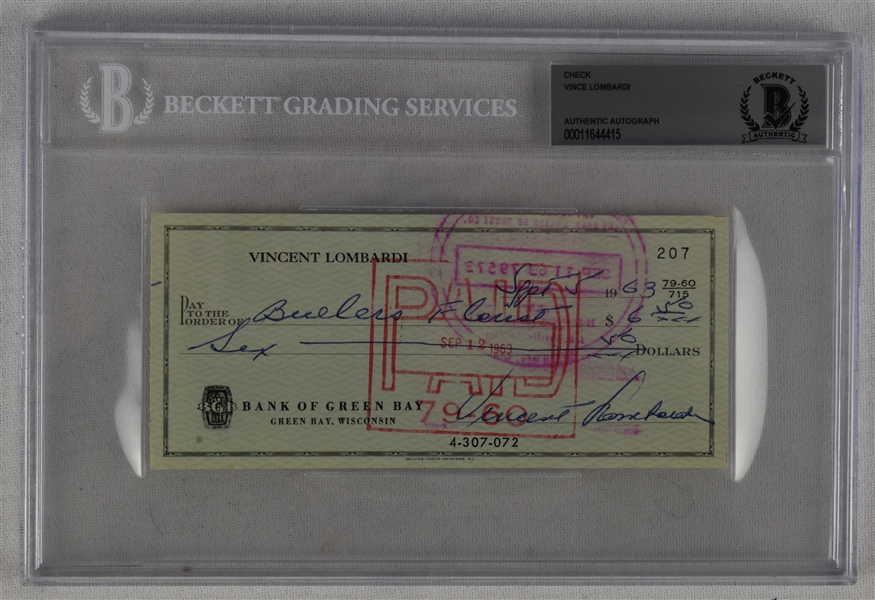 Vince Lombardi Signed 1963 Personal Check #207 BGS Authentic 