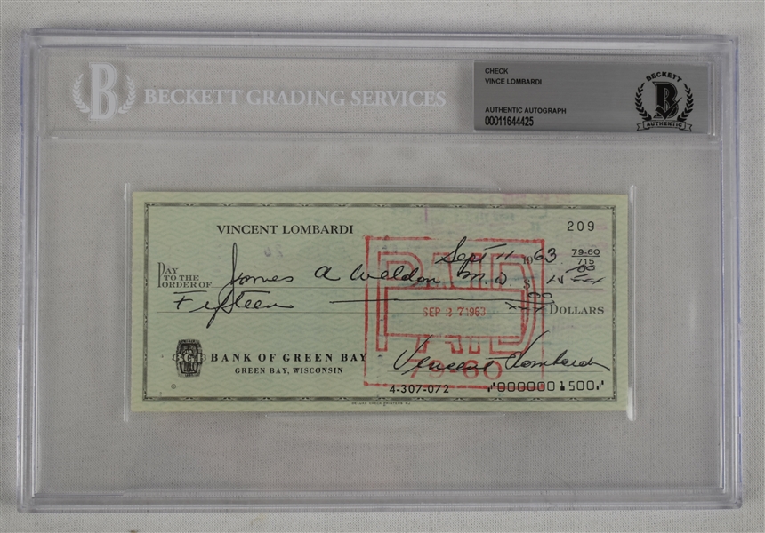 Vince Lombardi Signed 1963 Personal Check #209 BGS Authentic 