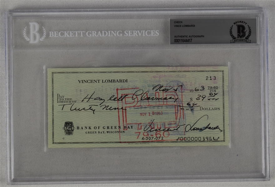 Vince Lombardi Signed 1963 Personal Check #213 BGS Authentic 