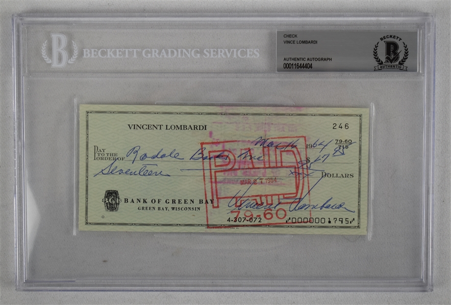 Vince Lombardi Signed 1964 Personal Check #246 BGS Authentic 