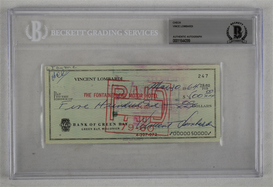 Vince Lombardi Signed 1964 Personal Check #247 BGS Authentic 