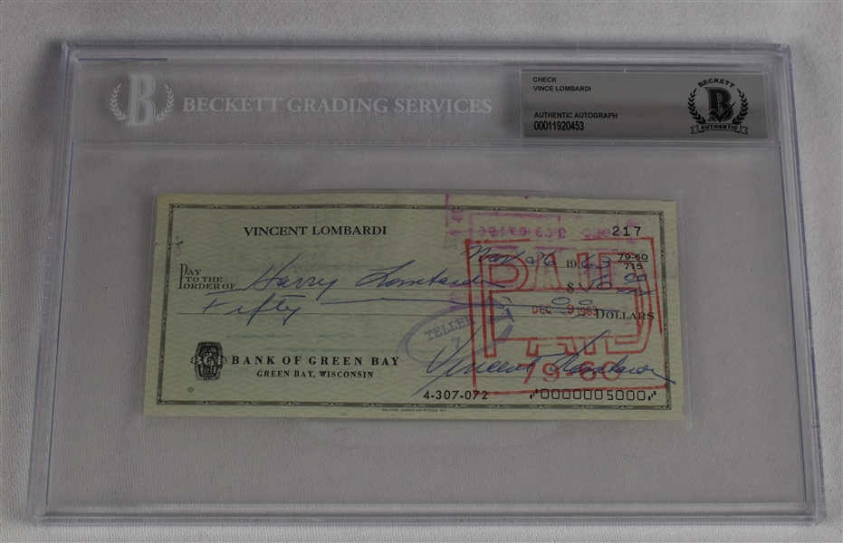 Vince Lombardi Signed 1963 Personal Check #217 BGS Authentic *Twice Signed Lombardi*