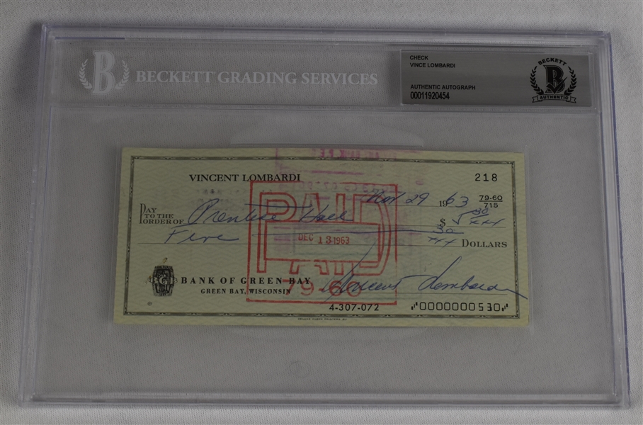 Vince Lombardi Signed 1963 Personal Check #218 BGS Authentic  