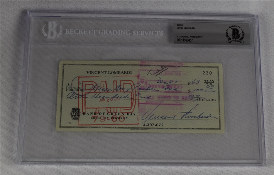 Vince Lombardi Signed 1963 Personal Check #230 BGS Authentic *Made to Green Bay Packers For Tickets*