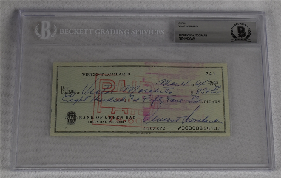 Vince Lombardi Signed 1964 Personal Check #241 BGS Authentic