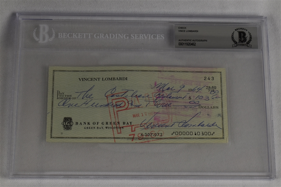 Vince Lombardi Signed 1964 Personal Check #243 BGS Authentic
