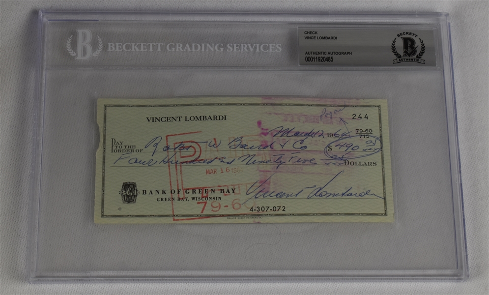 Vince Lombardi Signed 1964 Personal Check #244 BGS Authentic