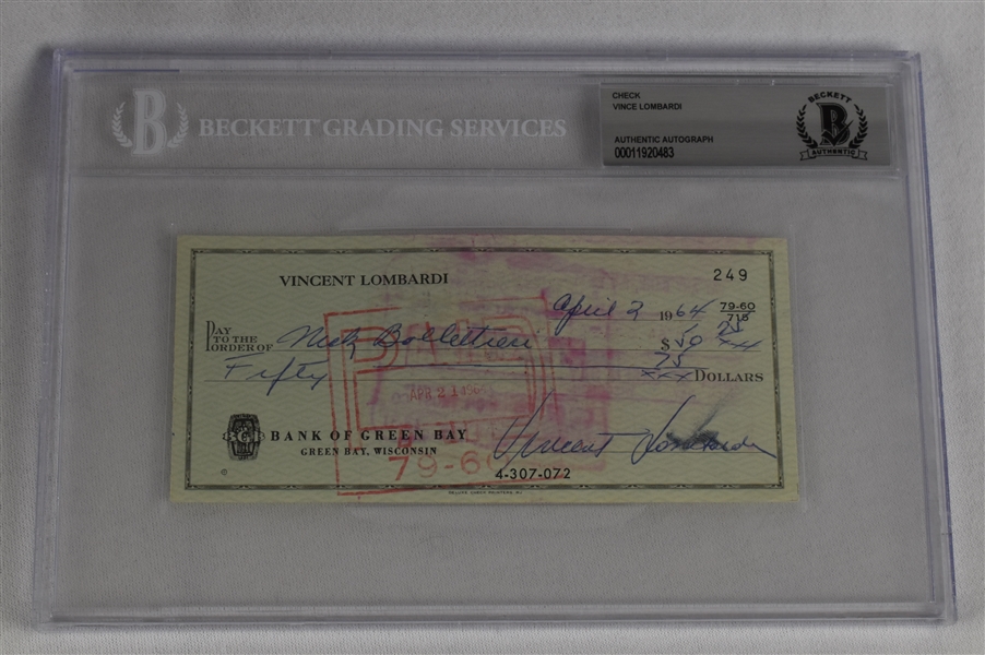 Vince Lombardi Signed 1964 Personal Check #249 BGS Authentic