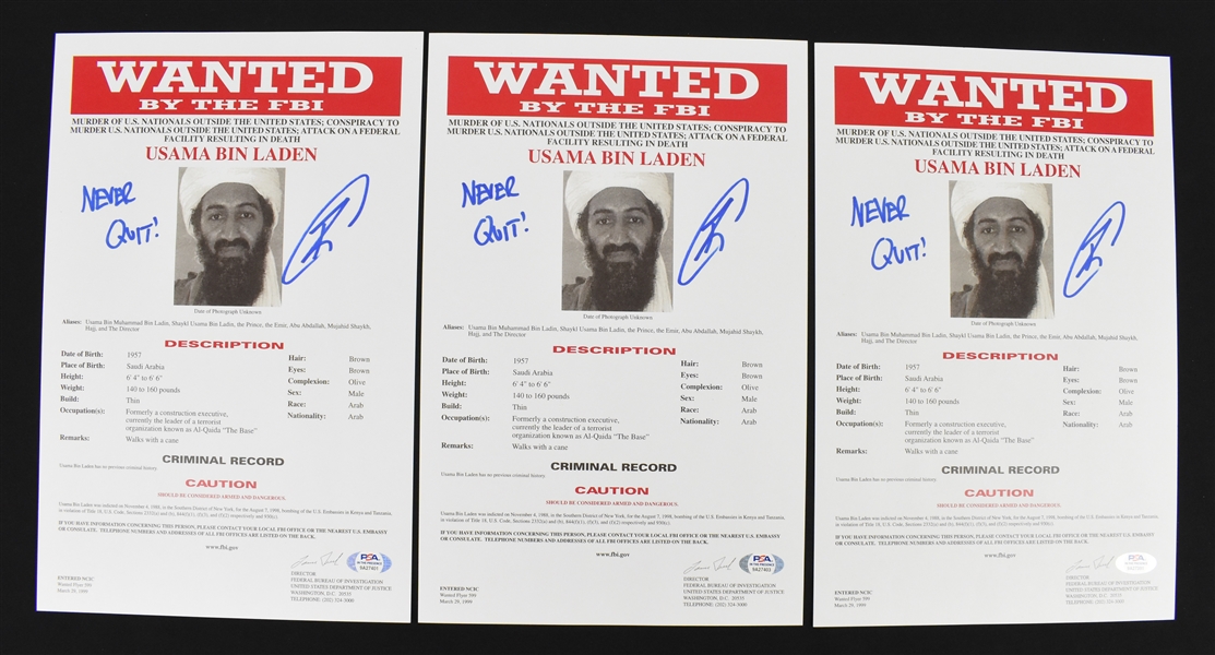 Robert ONeill Lot of 3 Autographed Osama Bin Laden FBI Most Wanted Photos PSA/DNA