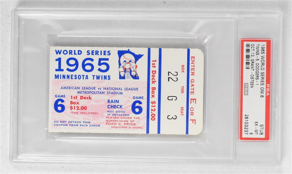 Minnesota Twins vs. Los Angeles Dodgers 1965 World Series Game 6 Ticket PSA 6 EX-MT