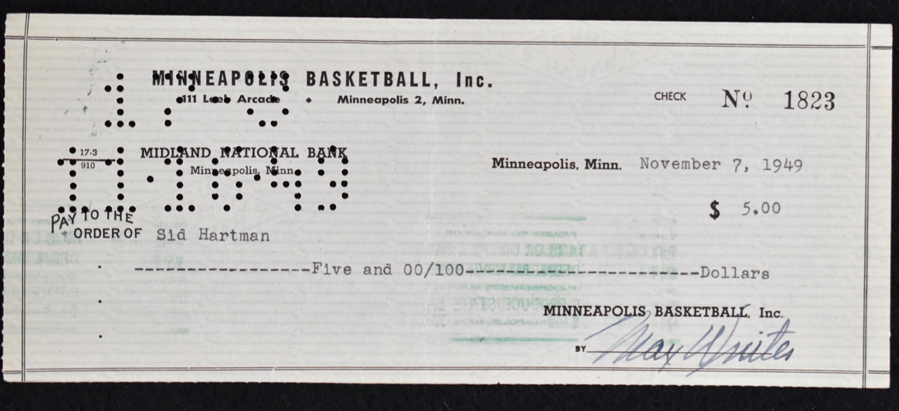 Max Winter & Sid Hartman Minneapolis Lakers Signed Check From 1949