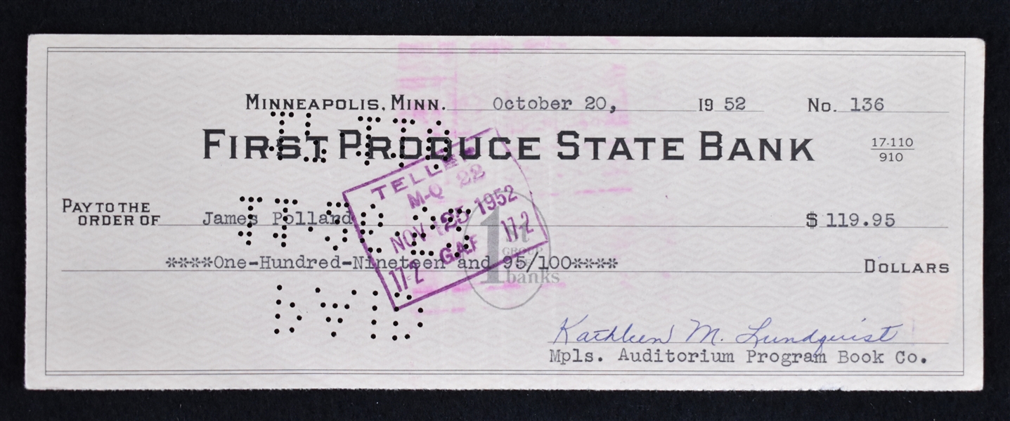 James Pollard Signed Check From 1952