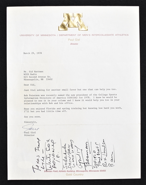 Paul Giel 1978 Minnesota Gophers Signed Letter to Sid Hartman