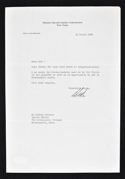 Ned Irish 1959 New York Knicks Signed Letter to Sid Hartman