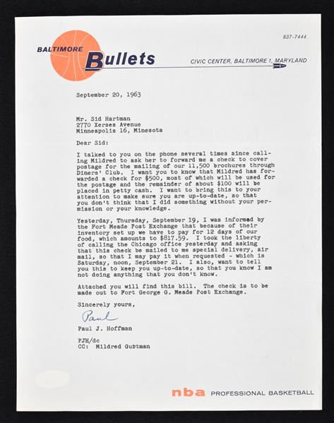 Paul Hoffman 1963 Baltimore Bullets Signed Full Letter to Sid Hartman 