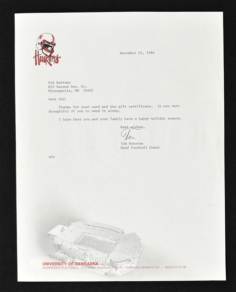 Tom Osborne 1984 Nebraska Cornhuskers Signed Letter to Sid Hartman 