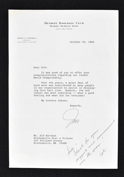 Jim Campbell 1984 Detroit Tigers Signed Letter to Sid Hartman 