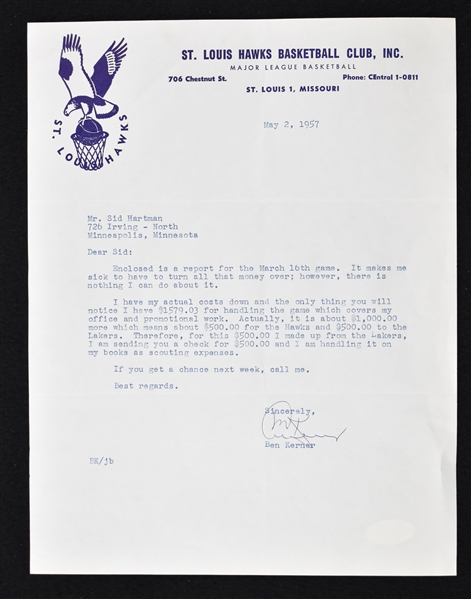 Ben Kerner 1957 St. Louis Hawks Signed Letter to Sid Hartman 