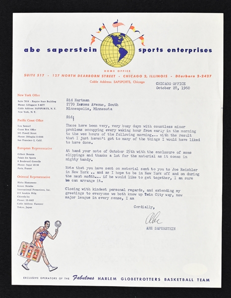 Abe Saperstein 1960 Harlem Globetrotters Signed Letter to Sid Hartman 
