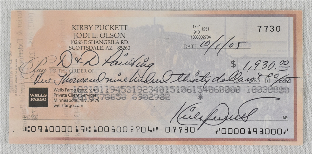 Kirby Puckett Signed Personal Check