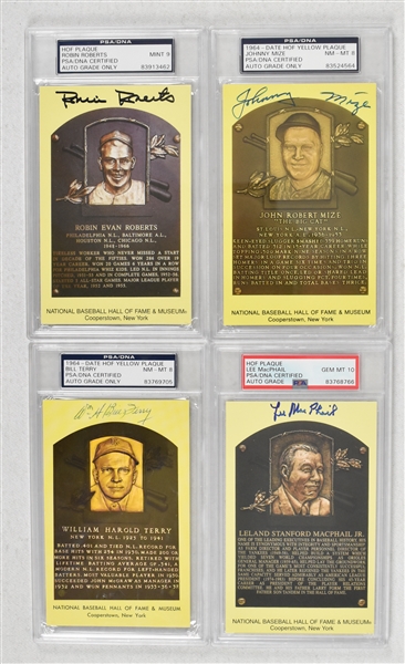 Lot of 4 Autographed Yellow HOF Plaque Postcards w/Bill Terry PSA/DNA