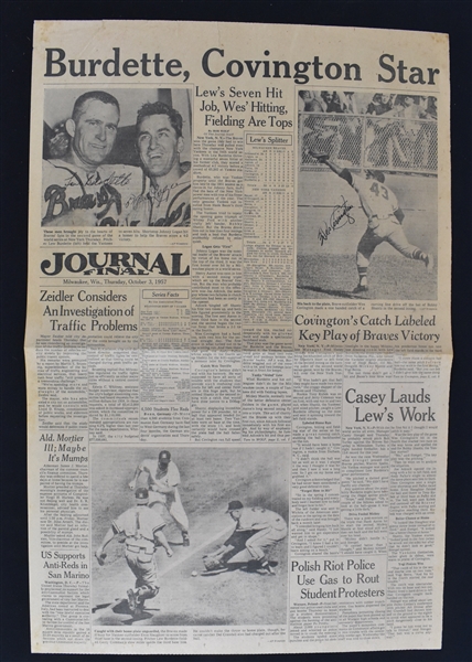 Lew Burdette & Wes Covington Autographed 1957 Milwaukee Braves Newspaper
