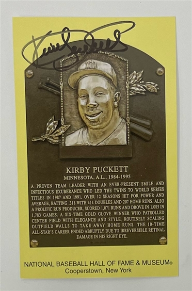 Kirby Puckett Autographed Hall of Fame Plaque Postcard Beckett LOA