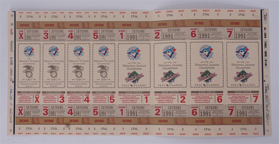 1991 Toronto Blue Jays Postseason Uncut & Unused Full Ticket Sheet