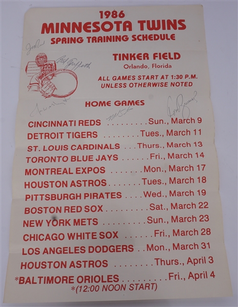 1986 Minnesota Twins Spring Training Schedule Poster Autographed w/ Calvin Griffith Beckett LOA
