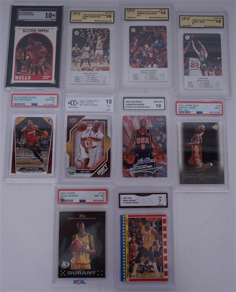 Collection of NBA Greats Basketball Cards Including: LeBron, Durant, Harden, Magic, Wade, Magic, & Pippen (Graded & Raw)