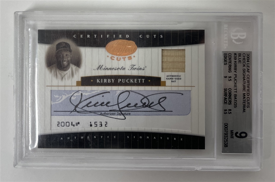 Kirby Puckett Autographed 2004 Leaf Certified Cuts #39 BGS Mint 9 Game Used Bat Card LE #18/25