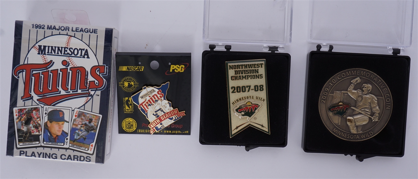 Minnesota Twins & Minnesota Wild Collection w/ Pins, Coin, & Deck of Cards