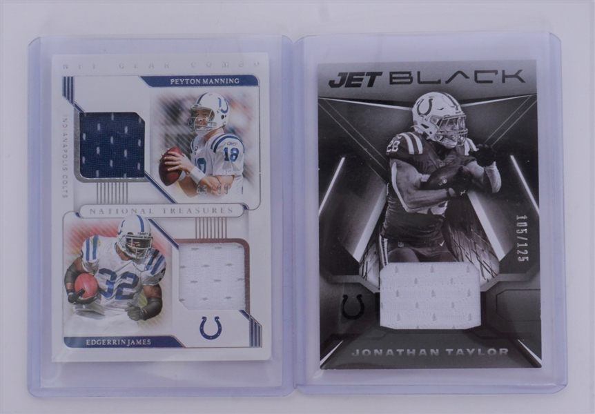 Lot of 2 Indianapolis Colts Patch Cards w/ Peyton Manning, Edgerrin James, & Jonathan Taylor