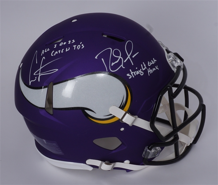 Randy Moss & Cris Carter Dual Autographed & Inscribed Minnesota Vikings Full Size Authentic Helmet w/ Plastic Display Case Beckett & Fanatics