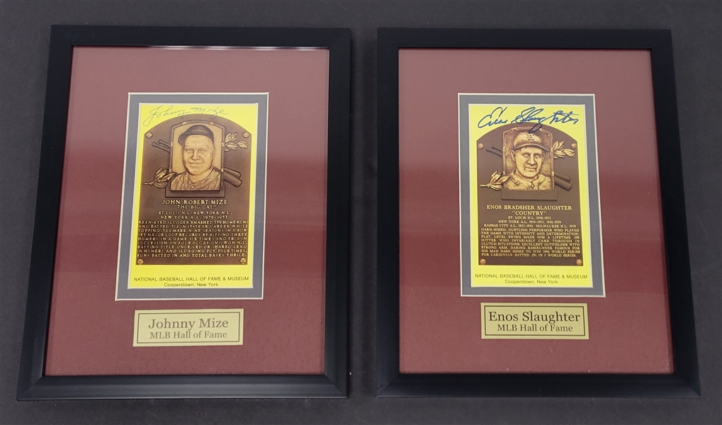 Lot of 2 Enos Slaughter & Johnny Mize Autographed & Framed Hall of Fame Plaque Postcards