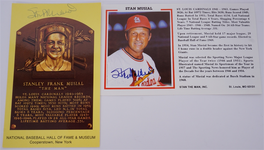 Stan Musial Autographed HOF Plaque Postcard & Stat Sheet Beckett