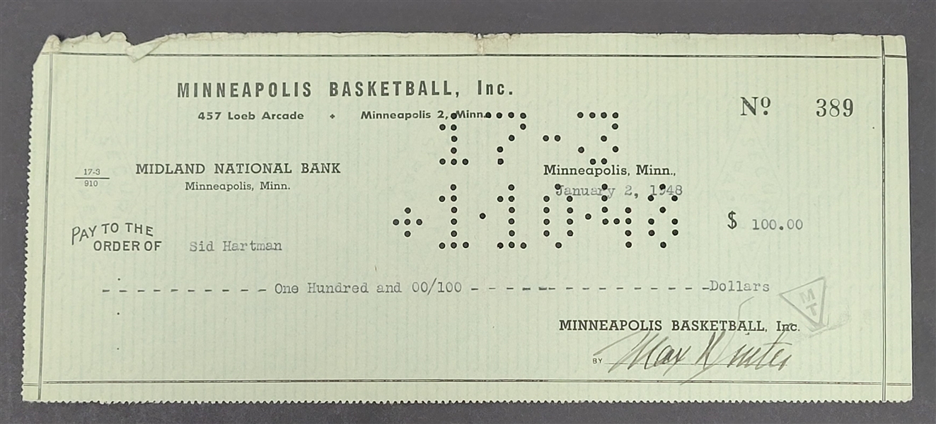 Max Winter & Sid Hartman Signed Minneapolis Lakers Check From 1948 Beckett